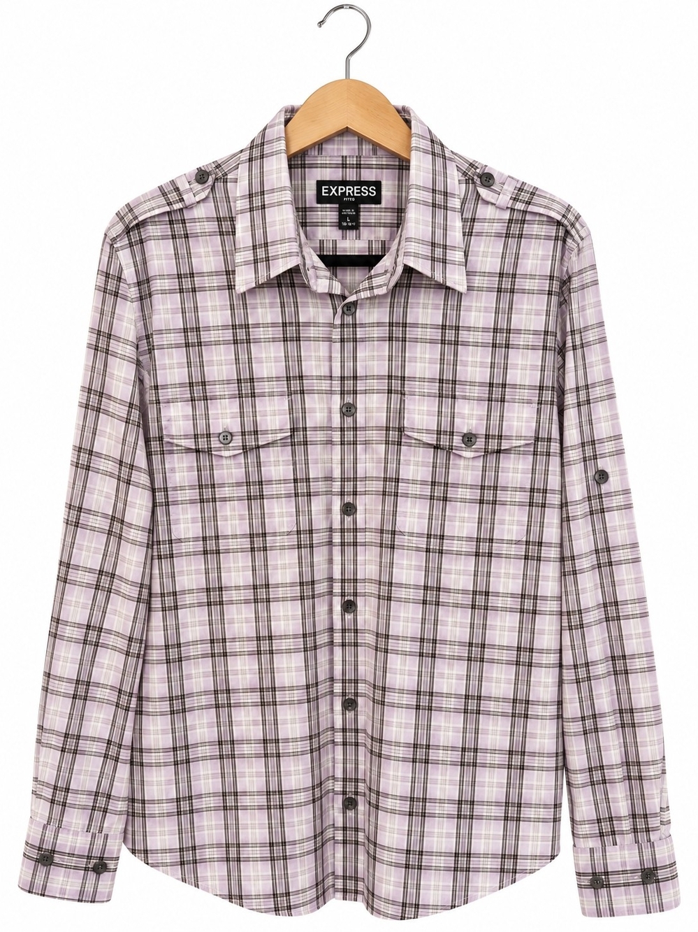 Express Men’s L 16-16.5 Fitted Lavender Plaid Utility Button Down Shirt